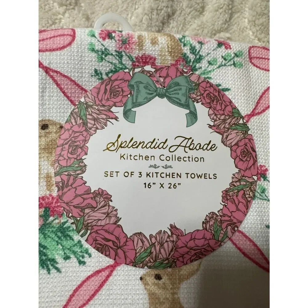 SA Easter Bunny Floral Trellis White Pink Cotton Tea Kitchen Towels Set of 3